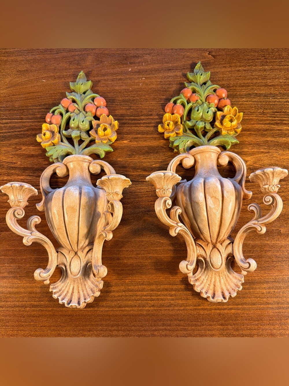 Homco Tan and Green Floral Wall Sconces Pair